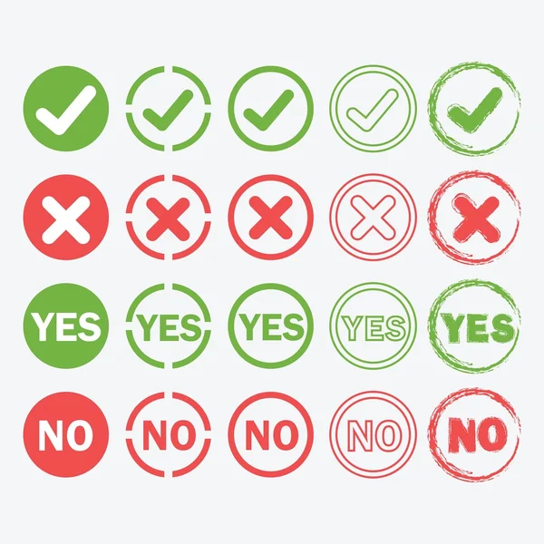 Yes and No circle icons in silhouette and outline styles set — Stock Vector