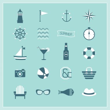 Blue Summer, Naval, and Beach icons set