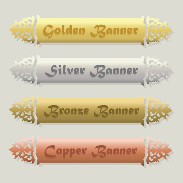 Beautiful Golden, Silver, Bronze, and Copper floral beveled banners set on modern gray background — Stock Vector