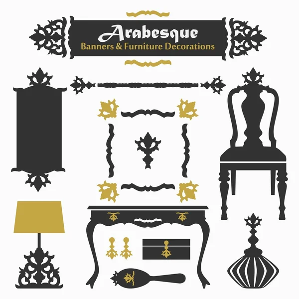 Arabesque silhouette banners & furniture decorations icons set — Stock Vector