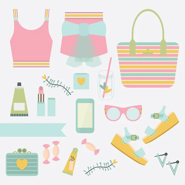 Roze en teal Dames zomer mode kleding en accessoires op witte achtergrond — Stockvector