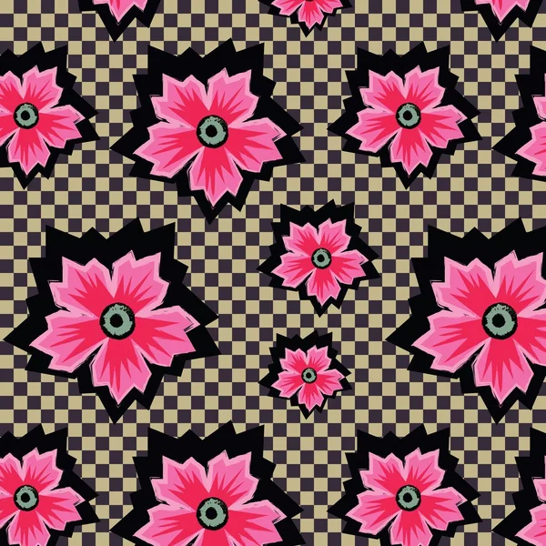 Flores rosa exóticas retro no padrão de fundo quadriculado — Vetor de Stock