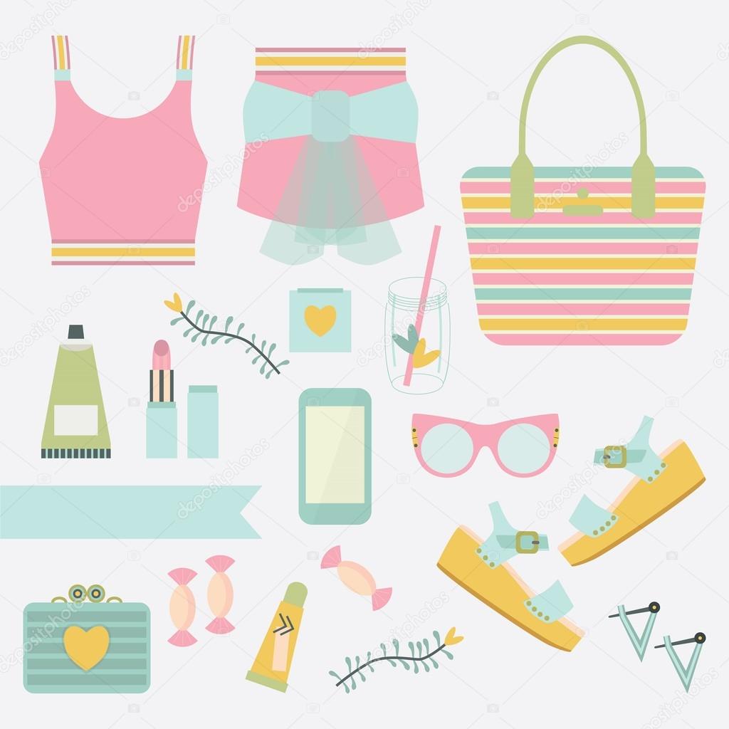 Pink and teal ladies summer fashion clothing and accessories on white background