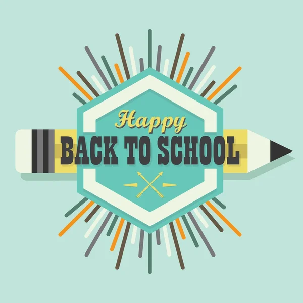 Happy Back To School colorato sole scoppio messaggio emblema elemento di design e un'icona a matita — Vettoriale Stock