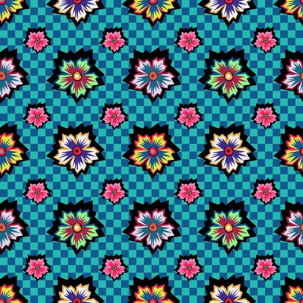 Flores coloridas exóticas retro no padrão de fundo xadrez azul — Vetor de Stock