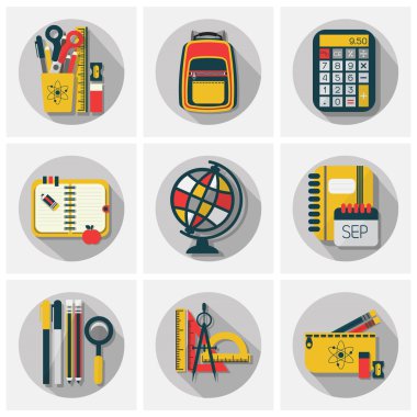 Okul kırtasiye ve kaynağı simgeleri ile uzun gölge gri arka plan üzerinde - Modern düz tasarım ayarla.