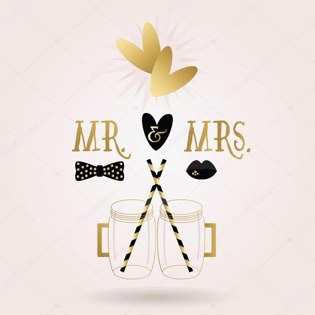 Black and golden abstract Mr. & Mrs. mug jars icons with dropped shadow on pink gradient background