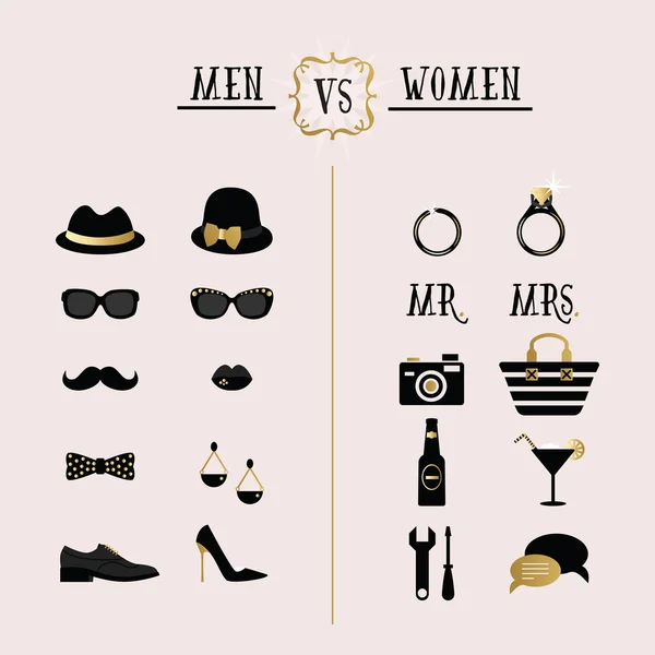 Noir et or hipster Hommes Vs Femmes accessoires et icônes de design sur fond rose — Image vectorielle