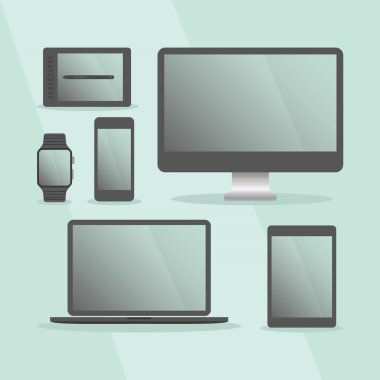 Kümesi-Tablet, cep telefonu, monitör, dizüstü bilgisayar, akıllı saat ve dijital çizim tablet modern dijital cihazlar siyah kare