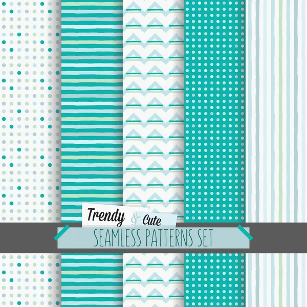 Conjunto de lindos puntos blancos y azules, rayas y patrones chevron sin costura — Vector de stock