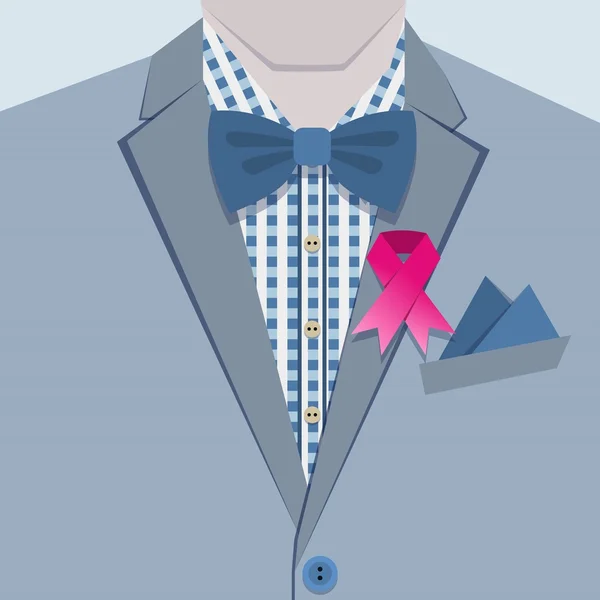 Primer plano del hombre de moda en traje azul, camisa a cuadros, pajarita y pasador de cinta rosa en el cuello — Vector de stock