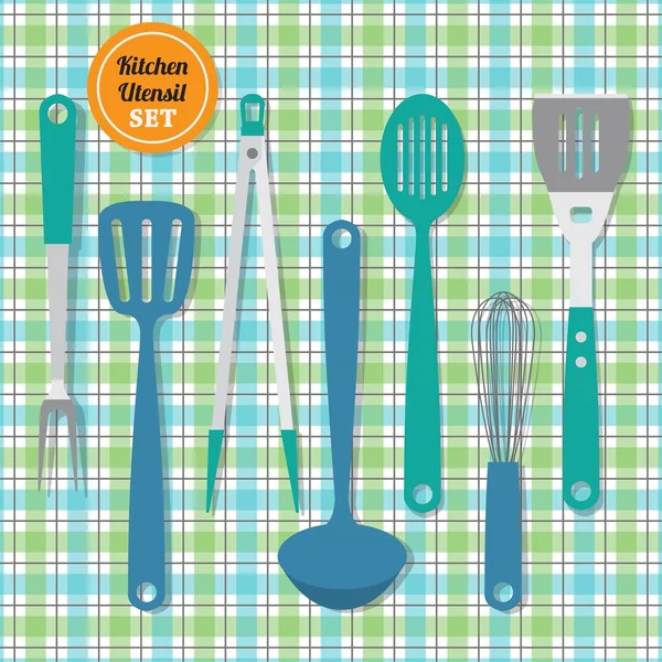 Kitchen utensils set icons on blue and green plaid pattern background — Stock Vector
