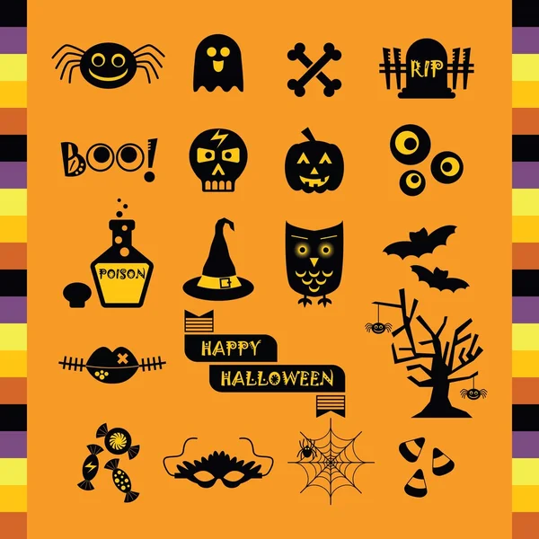 Carino Halloween icone sagoma nera impostato su sfondo arancione — Vettoriale Stock