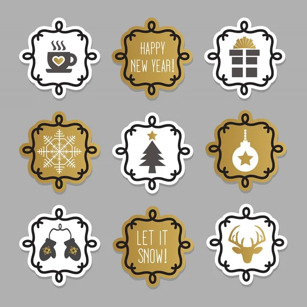 Tendance et mignon Noël et hiver étiquettes et autocollants mis sur fond gris — Image vectorielle