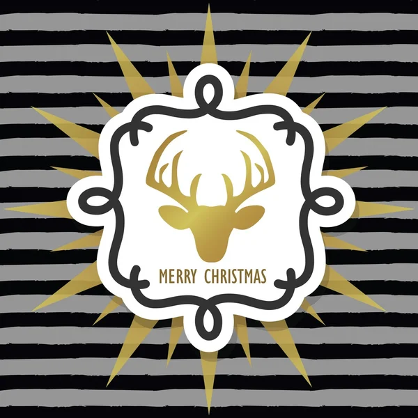 Merry Christmas golden deer emblem sticker on gray and black stripe background — Stock Vector