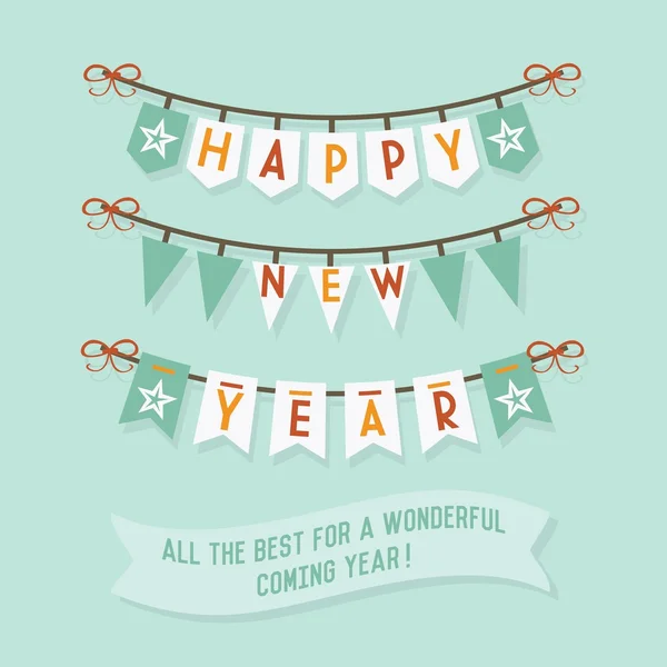 Joyeux nouvel an buntings et décorations sur fond bleu — Image vectorielle