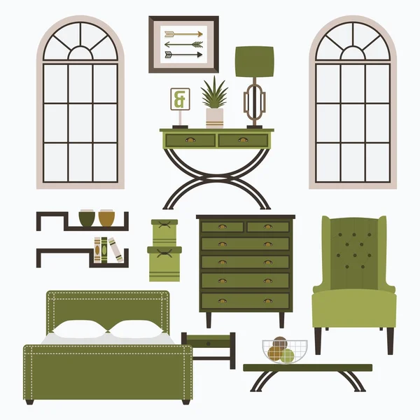 Bytový nábytek a doplňky v barva zelená-křeslo, postel, stolek, odkládací stolek, zásobník na hrudi, police a kolem oken v plochý design — Stockový vektor