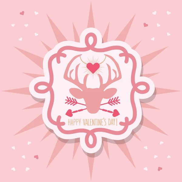 Leuke Happy Valentine's Day herten embleem sticker en sunburst op roze achtergrond — Stockvector