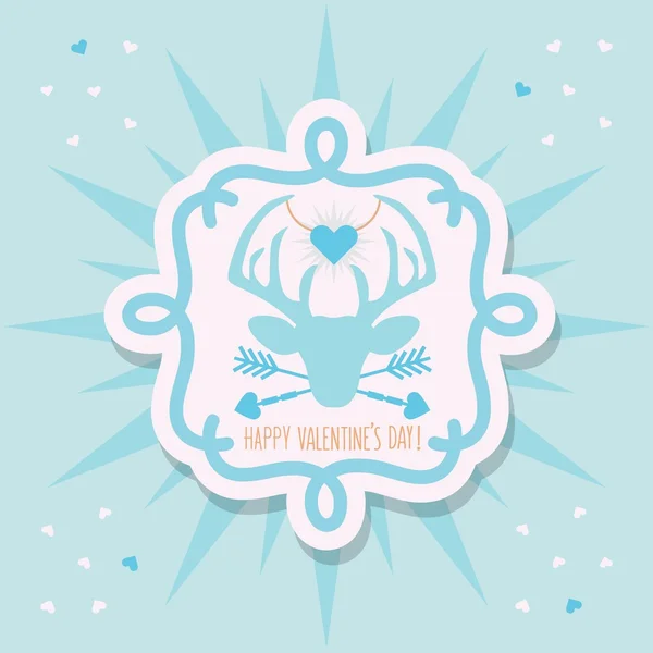 Cute Happy Valentine's Day deer emblem sticker and sunburst on blue background — Stock Vector