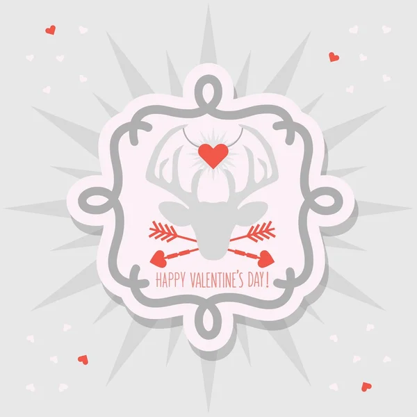 Cute Happy Valentine 's Day deer emblem sticker and sunburst on gray background — стоковый вектор