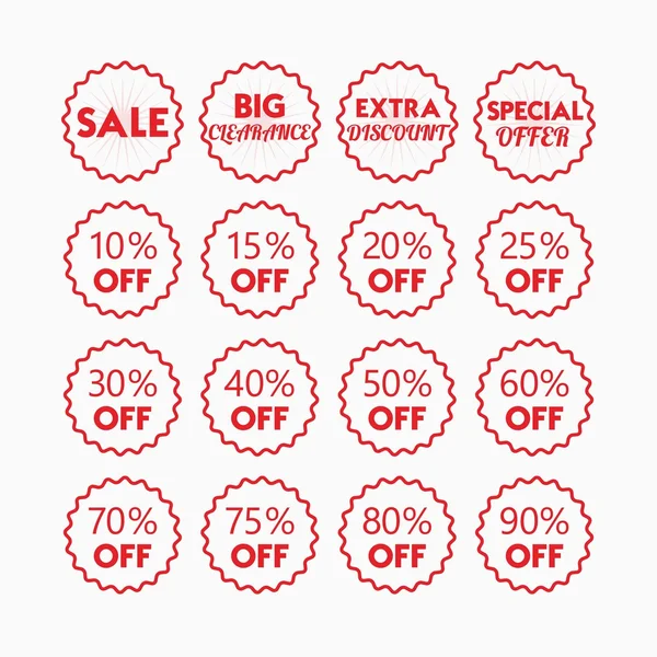 Piros kiskereskedelmi és vásárlás eladás és százalékos vonal címkék ikonok a fehér háttér — Stock Vector