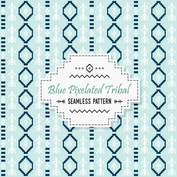 Cute blue pixelated tribal seamless pattern background with white label — Stock Vector