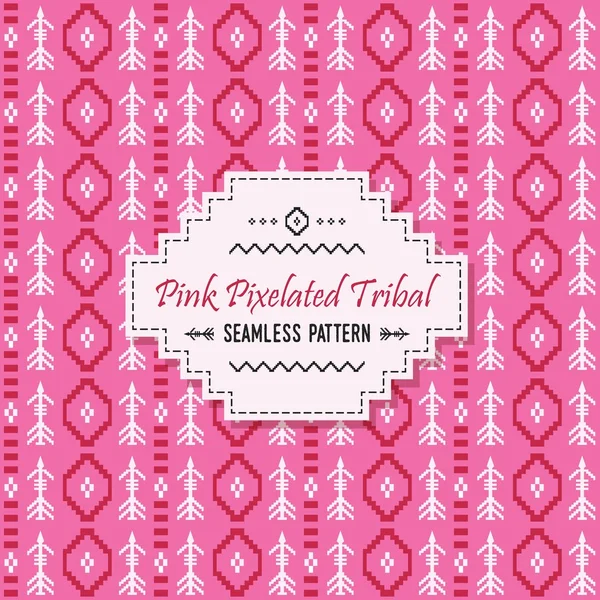 Mignon fond de motif tribal pixellisé rose sans couture avec étiquette blanche — Image vectorielle