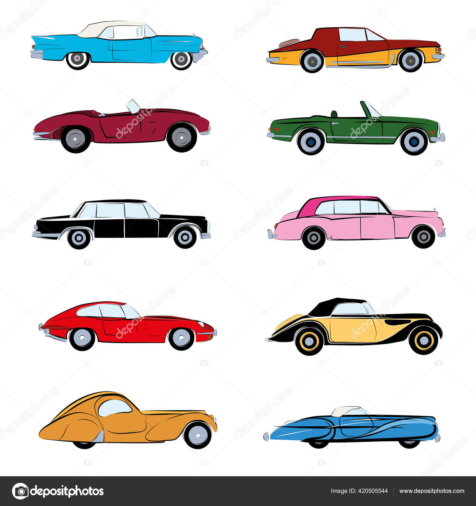 Retro coches boceto e ilustración vectorial plana. Póster e ilustración de  icono aislados Vector de stock por ©ysbarinova 420505544