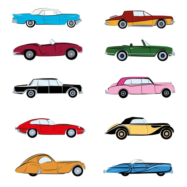 Retro coches boceto e ilustración vectorial plana. Póster e ilustración de icono aislados — Archivo Imágenes Vectoriales