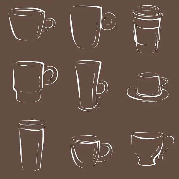 Kahve fincanları taslak çizimi, kahve dükkanı, web sitesi, menü tasarımı için ikon veya düz vektör resmi.