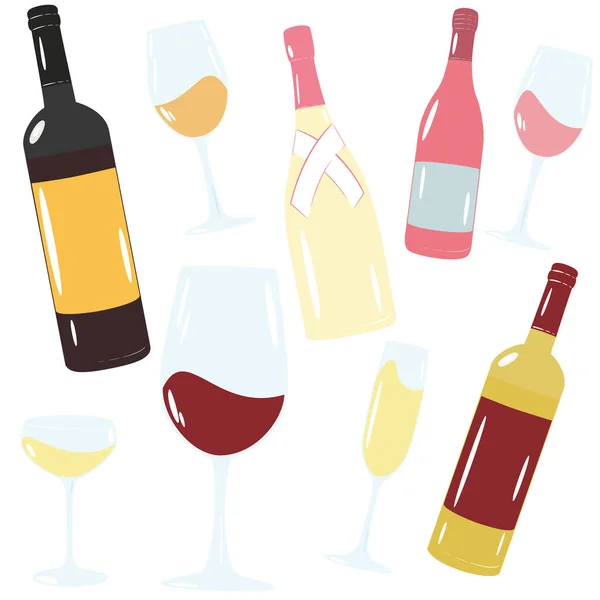 Şarap, şampanya şişeleri ve bardaklar. Beyaz, kırmızı, beyaz ve şampanyada izole edilmiş düz bir resim.