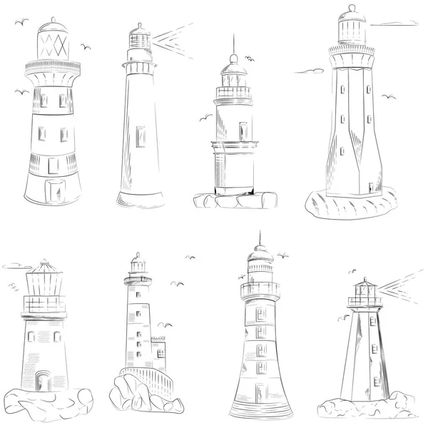 Lighthouse Vektorové Set Ilustrace Náčrtek Moře Kreslené Obrázky Izolované Bílém Stock Ilustrace