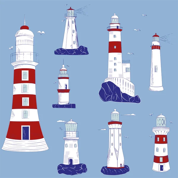 Lighthouse Vektorové Set Ilustrace Mořská Skica Kreslené Barevné Obrázky Izolované Royalty Free Stock Vektory