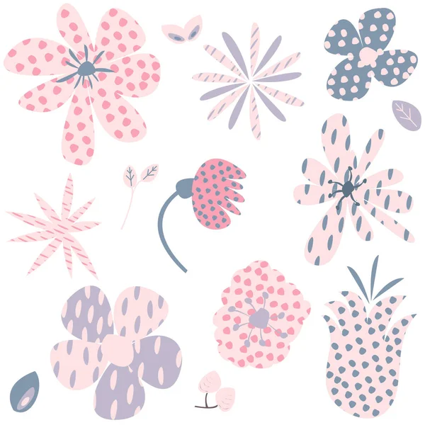 Çiçekler düz illüstrasyon vektör seti, pembe ve parlak izole basit resimler beyaz üzerinde desen arkaplan.