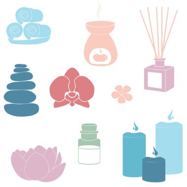 Web sitesi için rahatlama ve masaj vektörü çizimleri. Mumlar, nilüfer, aroma, çubuklar, havlular, çiçekler