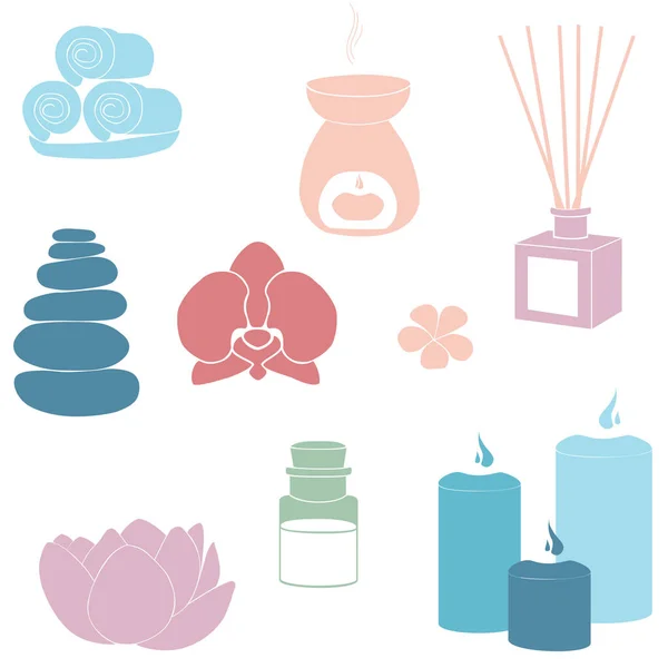 Web sitesi için rahatlama ve masaj vektörü çizimleri. Mumlar, nilüfer, aroma, çubuklar, havlular, çiçekler