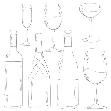 Şarap, şampanya şişeleri ve bardaklar. Beyaz üzerine izole edilmiş taslak biçiminde resim. 