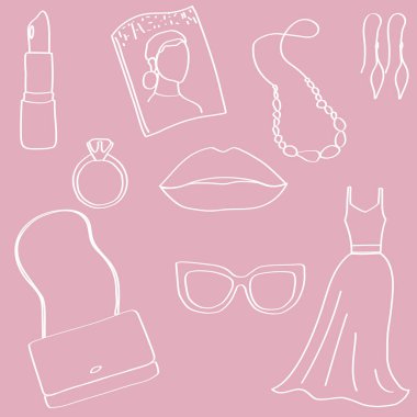 Feminine design elements, women and girly objects for site icons. Bag, lipstick, lips, ring, white line contour 