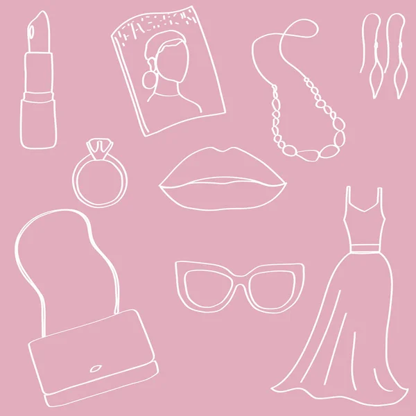Feminine design elements, women and girly objects for site icons. Bag, lipstick, lips, ring, white line contour 