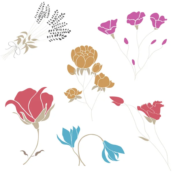 Çiçekler düz vektör çizim seti. Çiçeklerin parlak ve renkli resmi, gül, haşhaş, lavanta, çan, şakayık, karanfil..