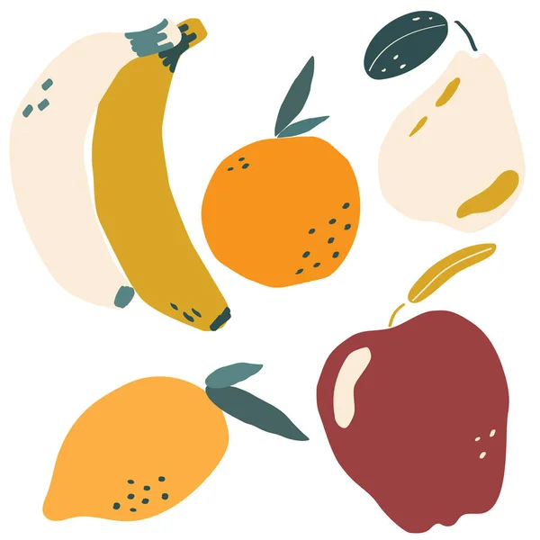 Elma, armut, limon, muz ve portakal meyvesi modern düz vektör çizimi, baskı ve web tasarımı için basit ve minimalist turunç ve tropik meyve seti