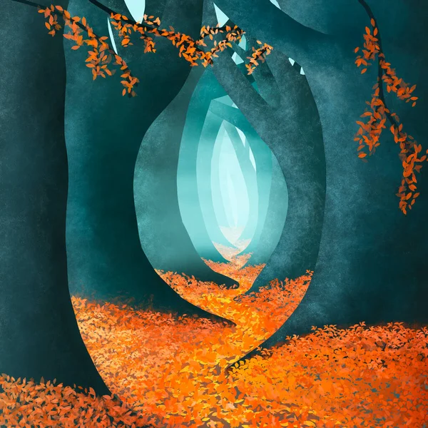 Uma floresta de contos de fadas com um caminho que vai para a distância na temporada de outono — Fotografia de Stock