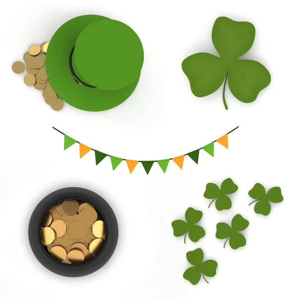 Ένα σετ συμβόλων για την ημέρα του Αγίου Πατρικίου. Το σετ περιλαμβάνει: πράσινο καπέλο σε κέρματα, σημαίες, φύλλα τριφυλλιού, ένα δοχείο με κέρματα. — Φωτογραφία Αρχείου