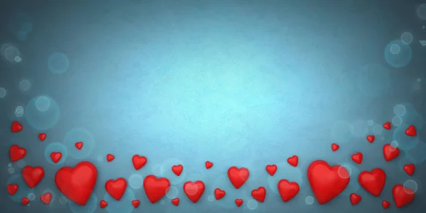 在蓝色水彩纸的背景上用红心向情人节致意. — 图库照片