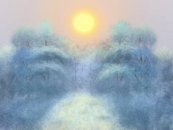 夕暮れ時の雪に覆われた森の冬の水彩風景のイラスト — ストック写真