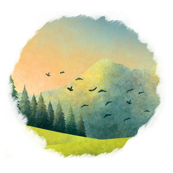 夕日の夏の風景の水彩グランジイラスト。山や森を飛ぶ鳥. — ストック写真
