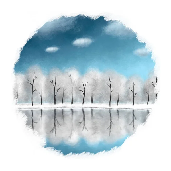 白と青のトーンで森林や湖の水彩冬の風景。イラストが額装されている — ストック写真