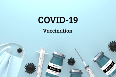İçinde Sars-Cov-2 koronavirüs aşısı, şırınga, maske ve Covid-19 molekülleri olan şişe pankartları. Aşı kavramı.