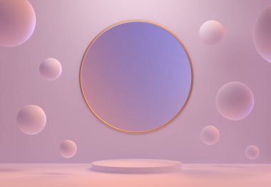 Pembe renkli soyut yuvarlak sahne. Ürün sunumu için podyum. Geometrik balonlu bir kaide. 3B Hazırlama.
