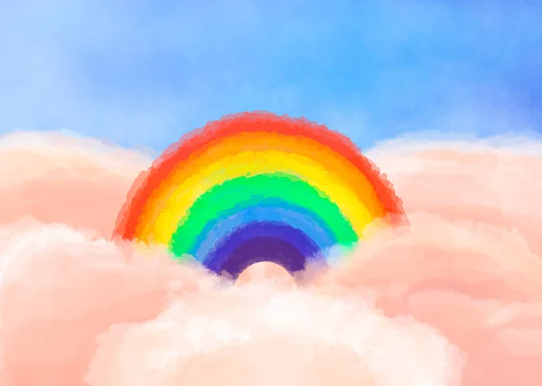 Kolorowa ilustracja tapety dla dzieci. Tęcza w różowych chmurach. Wspaniały obraz. — Zdjęcie stockowe
